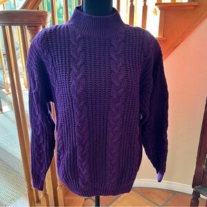 Vintage Sweater Purple Cable Knit Fisherman Mock Turtleneck Casual Corner M